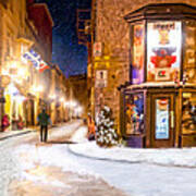 Wintery Streets Of Old Quebec At Night Art Print