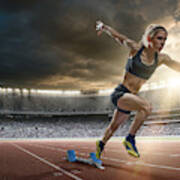 Woman Sprinter In Mid Action Bursting From Blocks During Race Art Print