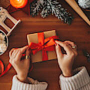 Woman Wrapping Christmas Gifts, Overhead Shot Art Print