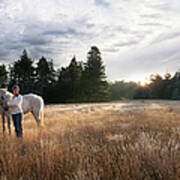 Women With White Horse In Forest Meadow Art Print