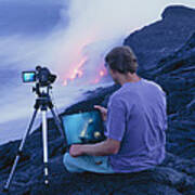 Man Taking Photographs Of A Lava Flow #1 Art Print