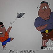 Cartoon David And Goliath Art Print
