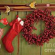 Christmas Stockings And Wreath Hanging On  Wall Art Print