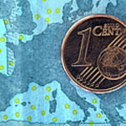 Detail Of A Five Euro Banknote With A One Cent Euro Coin On Top Of It Art Print