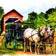 Horse And Buggy In Front Of Covered Bridge Art Print