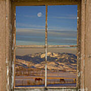 Horses And Moon Rustic Farm Window View Art Print