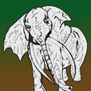 Inked Elephant In Green And Brown Art Print