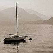 Lone White Boat On Lake Como In Sepia Art Print
