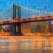 Manhattan Bridge Twilight Impasto Art Print