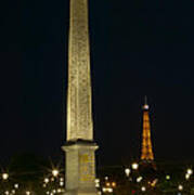Obelisk Of Luxor And Eiffel Tower At Night Art Print