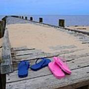 Pink And Blue Flip Flops On The Dock Art Print