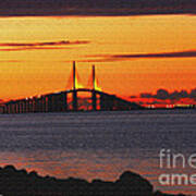 Sunset Over The Skyway Textured Art Print