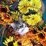 Sweet Kitten In A Fall Flower Basket With Large Eyes Looking Up - Kitty Cat Grasping Autumn Leaves Art Print