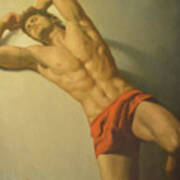 Original Classic Oil Painting Art-male Nude On Linen-0018 Art Print