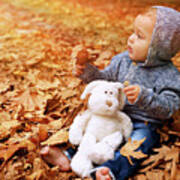 Cute Little Baby In Autumn Park #1 Art Print