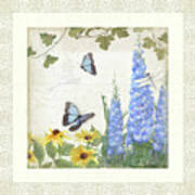 Le Petit Jardin 1 - Garden Floral W Butterflies, Dragonflies, Daisies And Delphinium Art Print