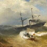 Steam Ship And Sailing Boat In Rough Seas Art Print