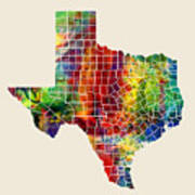 Texas Watercolor Map #1 Art Print