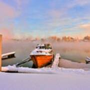 Boat On Frozen Lake Art Print