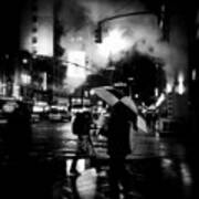 A Foggy Night In New York Town - Checkered Umbrella Art Print