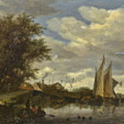 A River Scene With Figures In A Rowing Boat In The Foreground Art Print