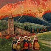 Abruzzo, Italy - Church, Mountains - Retro Travel Poster - Vintage Poster Art Print