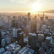 Aerial Of Downtown District At Sunset, San Francisco, California Art Print