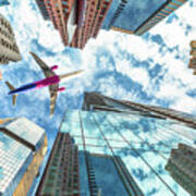 Airplane Flying Over Skyscrapers Art Print