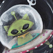 Alien Green Space Cat Art Print