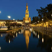 Andalusian Night Magic - Soft Reflections At Plaza De Espana In Seville Spain Art Print