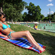 Attractive Model In Bikini At Deep Eddy Pool, Sunbathing On Sunny Day In Austin, Texas Art Print