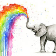 Baby Elephant Spraying Rainbow Art Print