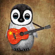 Baby Penguin Playing Chinese Flag Guitar Art Print