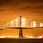 Bay Bridge Span And Ferry At Night Art Print