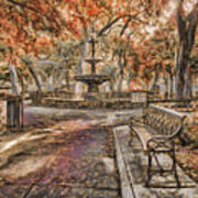 Bienville Fountain And Bench Fall Colors Art Print