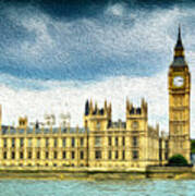 Big Ben And Houses Of Parliament With Thames River Art Print