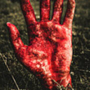 Blood Stained Hand Coming Out Of The Ground At Night Art Print