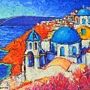 Blue Domes In Oia Santorini Greece Original Impasto Palette Knife Oil Painting By Ana Maria Edulescu Art Print