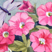 Blue Dragonfly And Petunias Art Print