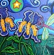 Bluebird Dragonfly And Irises Art Print