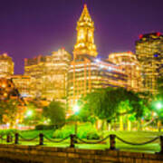 Boston Skyline At Night With Christopher Columbus Park Art Print