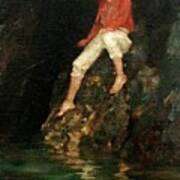 Boy Fishing On Rocks Art Print
