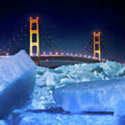 Bridge Mackinac Blue Ice On A Moonlit Night -3862 Art Print