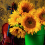 Bucket Of Sunflowers With Violin Art Print