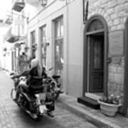 Bw Girl Riding On Motorcycle With Handsome Bike Rider Speed Stone Paved Street Nafplion Greece Art Print