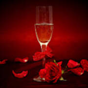 Champagne Glass With Red Roses And Petals Art Print
