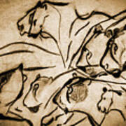 Chauvet Cave Lions Burned Leather Art Print