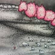 Cherry Blossoms And Sheep Art Print