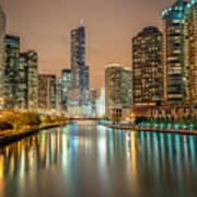 Chicago River At Night Art Print