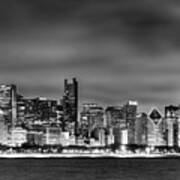 Chicago Skyline At Night Black And White Art Print